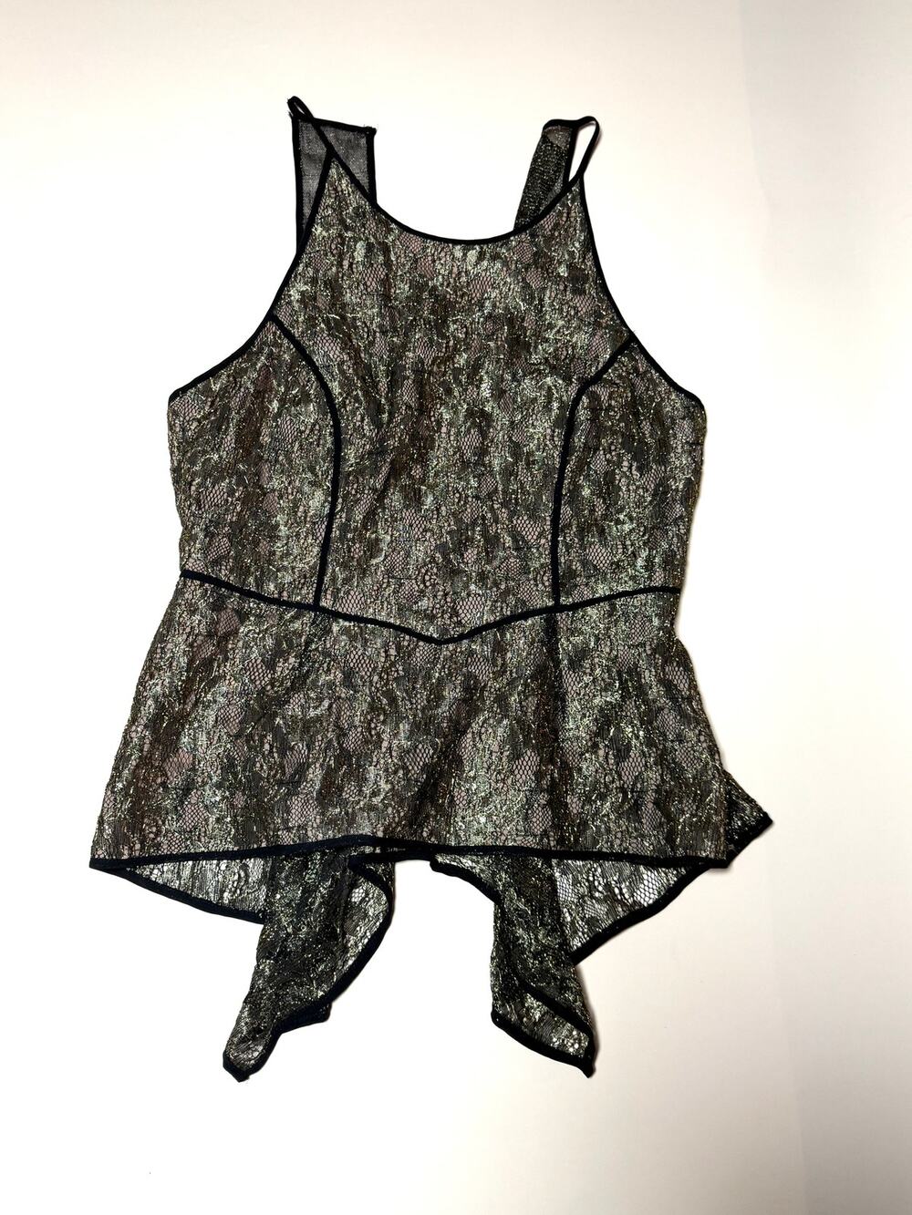 BCBGMAXAZRIA Black Metallic Lace Peplum Top Gold Shimmer